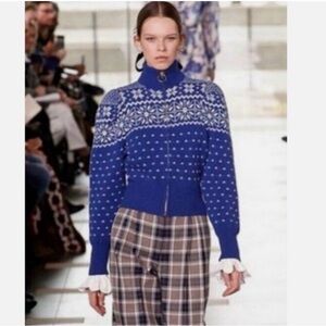 Tory Burch Elyse Zip-Front Cardigan 100% Wool Fair Isle Snowflake Size XS